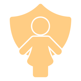 icon image of a female form in front of a shield indicating protection and help for prevention and survivors of GBV
