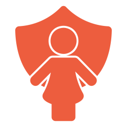 icon image of a female form in front of a shield indicating protection and help for prevention and survivors of GBV